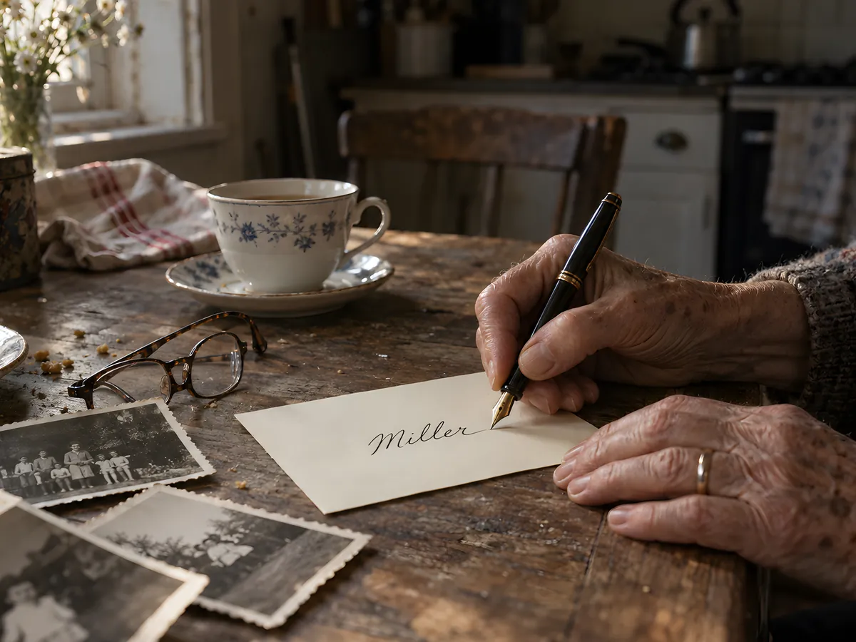 An older hand writing the family name Miller on a card, at a wooden kitchen table
