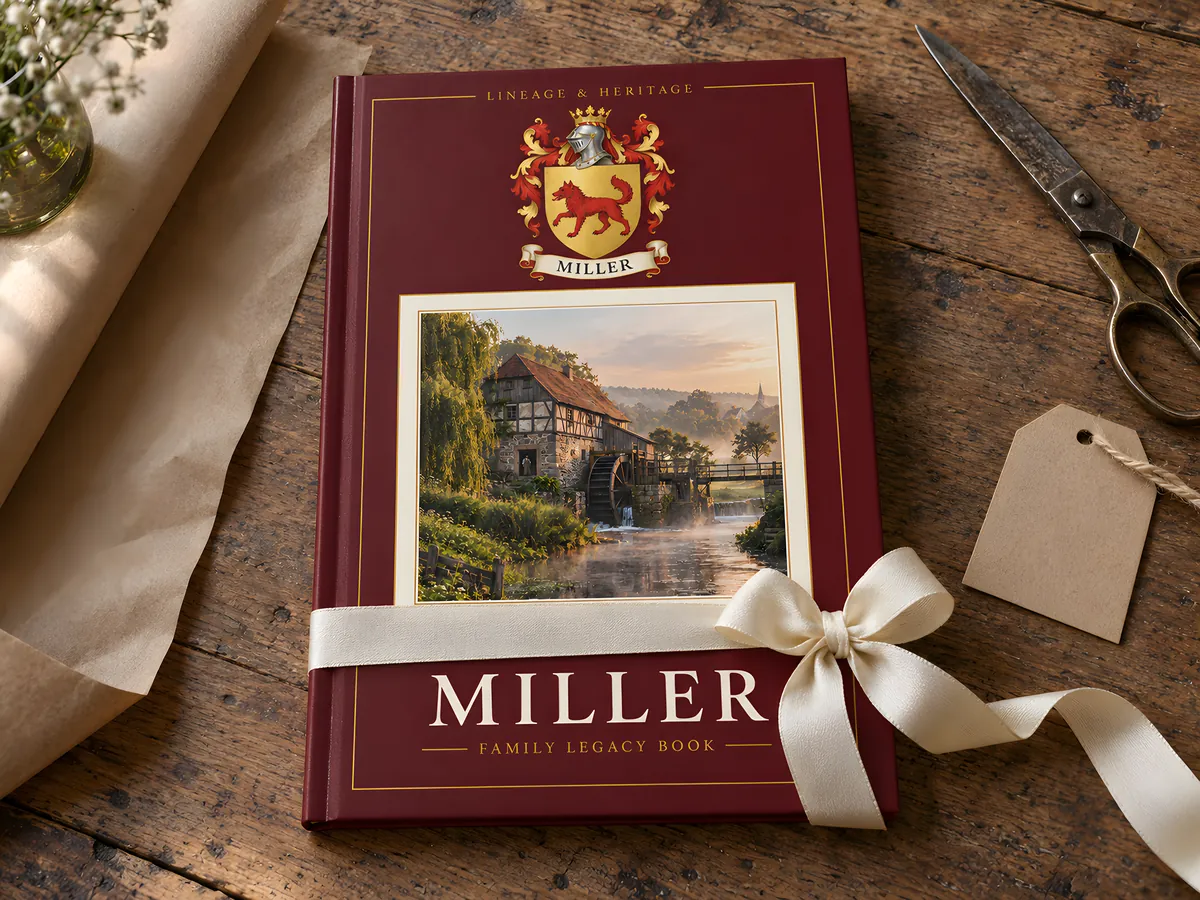 The finished hardcover family book, tied with a ribbon as a gift