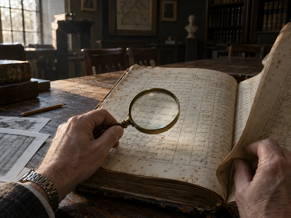 A researcher studying an old register with a magnifying glass