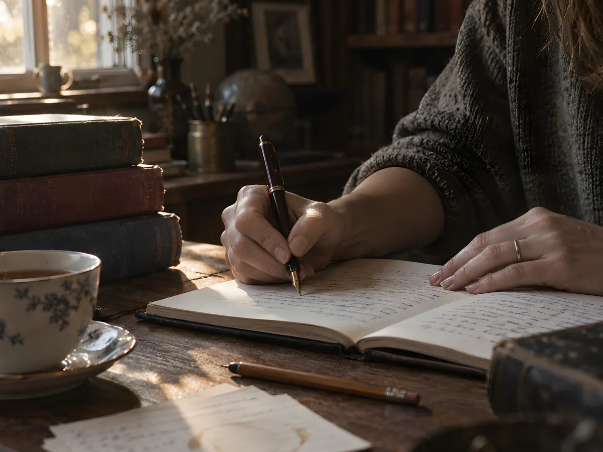 A writer working at a desk with notes and an open notebook