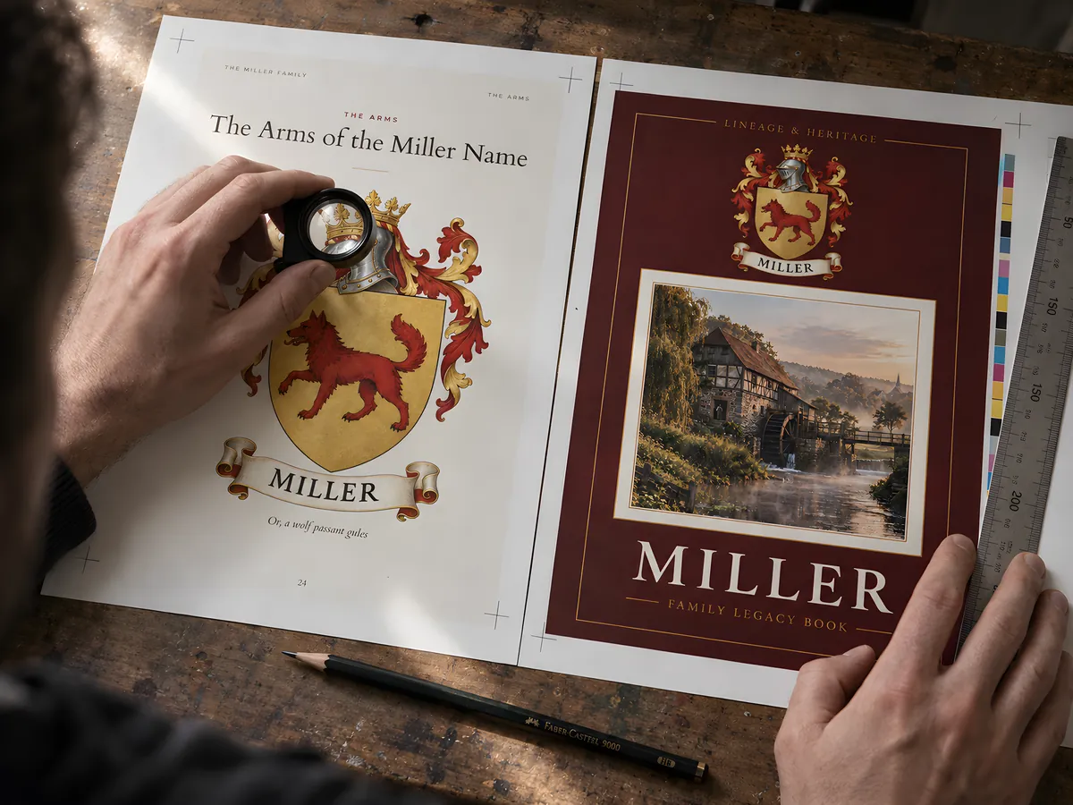 A designer checking the printed pages and the coat of arms with a magnifying glass