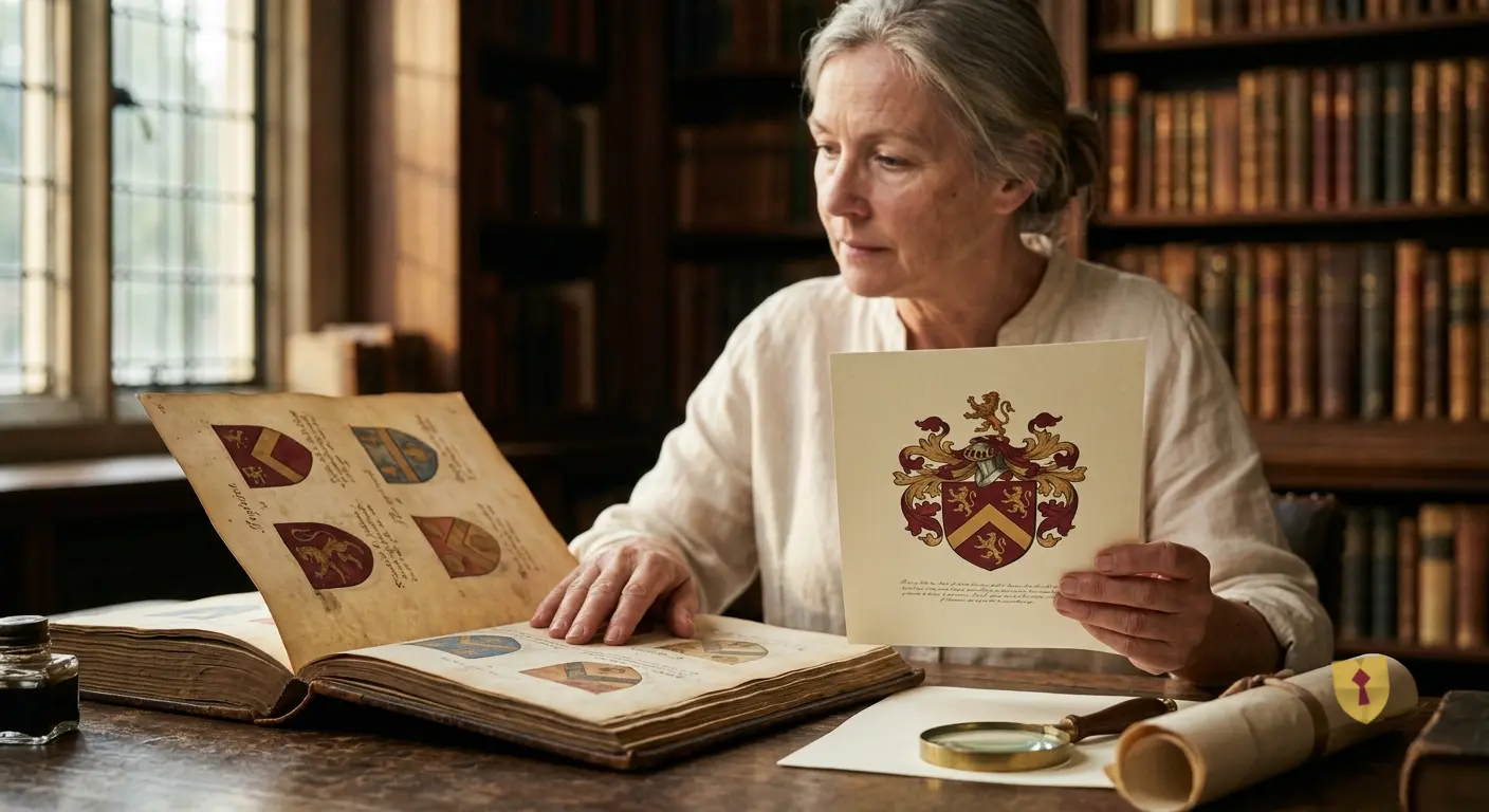 Genealogy researcher comparing a family coat of arms report against an antique armorial register