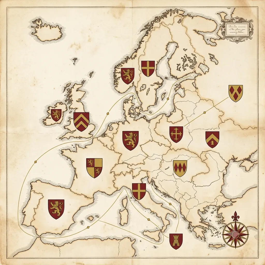 Antique map of Europe with red and gold heraldic shields marking historic armorial regions