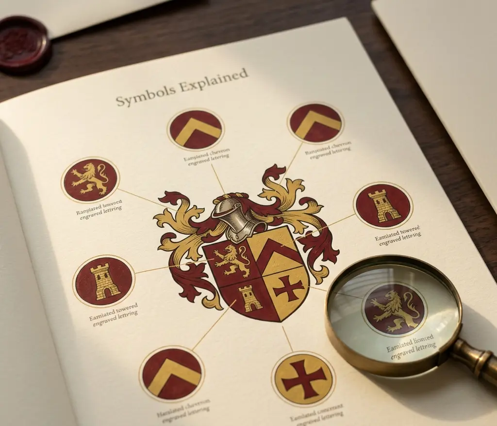 Symbols page of the Family Legacy Report with annotated coat of arms and brass magnifying glass