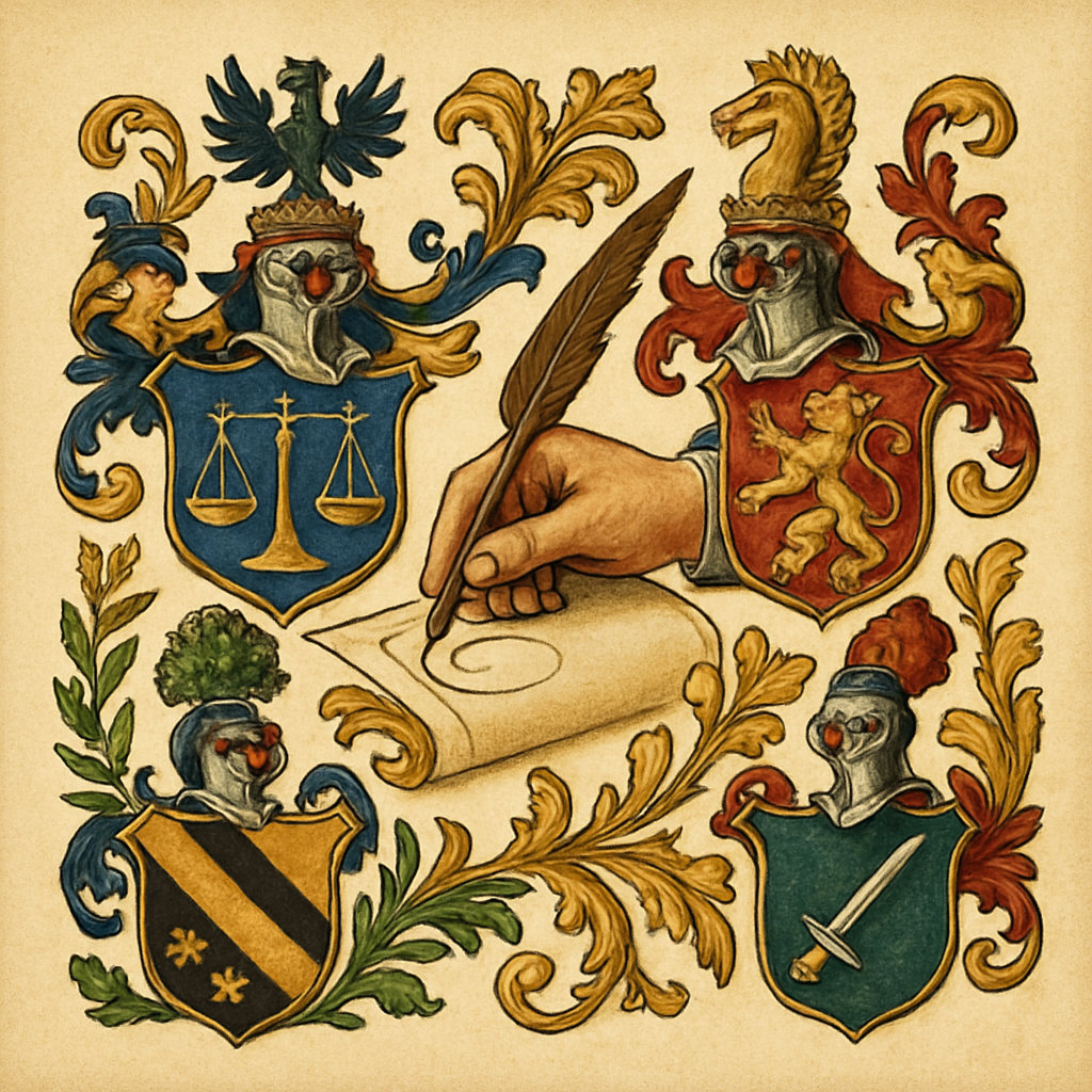 In Law and Administration: The Original Signature — heraldic illustration